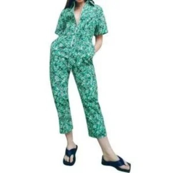 Zara Zippered Printed Jumpsuit Green Floral Ditsy Blogger's Fav Size S - Picture 3 of 14